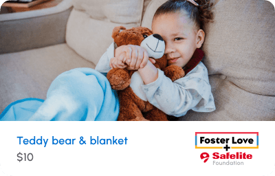 Image showing how a $10 donation helps provide a teddy bear and blanket for children in foster care.