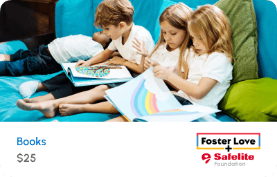 Image showing how a $25 donation helps provide new books for children in foster care.
